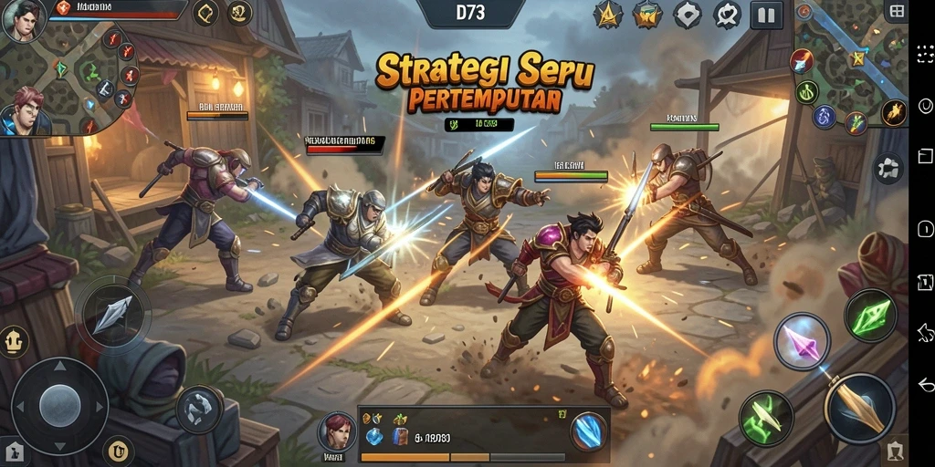 Gameplay D73 dengan aksi pertempuran strategi yang dinamis.